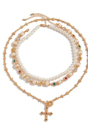 New Style Trends - Royal Pearl Cross Layered Aesthetic Necklace - Outfit Ideas
