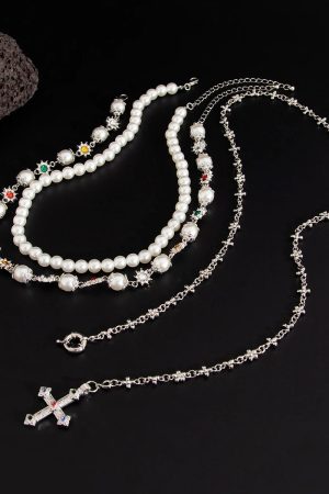 New Style Trends - Royal Pearl Cross Layered Aesthetic Necklace - Outfit Ideas