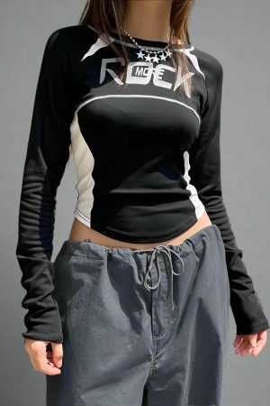 New Style Trends - Speedcore Contrast Stitch Y2k Long Sleeve Top - Outfit Ideas