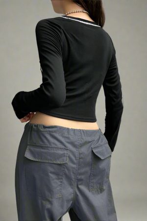 New Style Trends - Speedcore Contrast Stitch Y2k Long Sleeve Top - Outfit Ideas