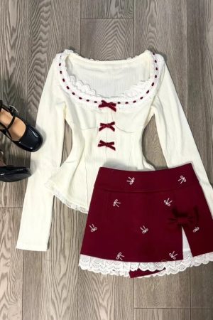 New Style Trends - Sweetheart Ribbon Alt Lace Long Sleeve Outfit Set - Outfit Ideas