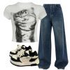New Style Trends - Y2k Outfit: Pixelated Cat Graphic Crop Top+Oversized Dark Wash Wide-Leg Jeans+Pastel Dream Wave Sneakers - Outfit Ideas