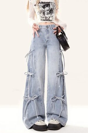 New Style Trends - Y2k Pastel Stitch Bow-Tie  Jeans - Outfit Ideas