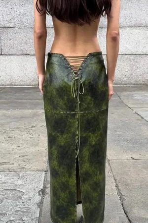 Style Core Aesthetics, New Style Trends - Baddie Leaf Lace Up Split Maxi Skirt