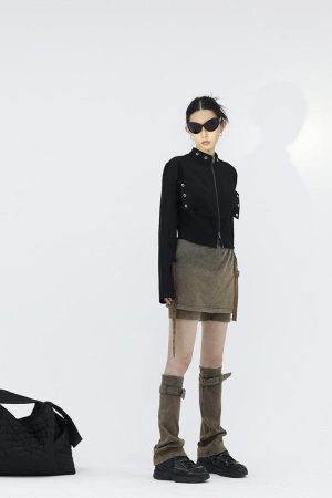 Style Core Aesthetics, New Style Trends - Belt Detail Denim Mini Skort With Leg Warmer