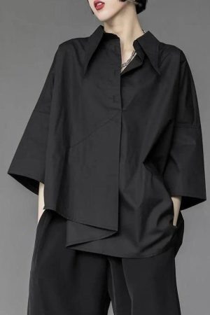 Style Core Aesthetics, New Style Trends - Black Korean Asymmetric Shirt