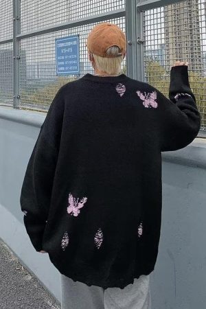 Style Core Aesthetics, New Style Trends - Butterfly Distressed Knitted Sweater