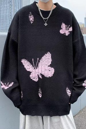Style Core Aesthetics, New Style Trends - Butterfly Distressed Knitted Sweater
