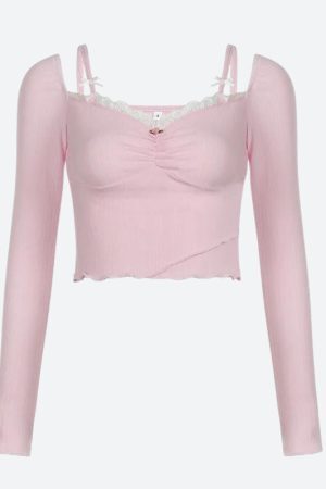 Style Core Aesthetics, New Style Trends - Coquette Bow Straps Ruched Top