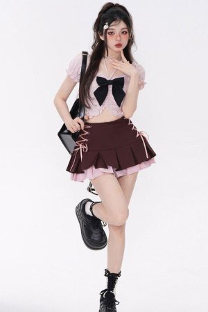 Style Core Aesthetics, New Style Trends - Coquette Mini Skirt With Top Two Piece Set