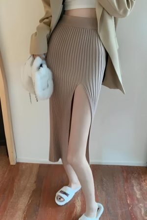 Style Core Aesthetics, New Style Trends - Corduroy Knitted Split Midi Skirt
