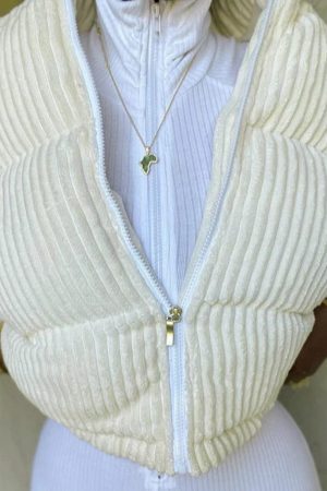 Style Core Aesthetics, New Style Trends - Corduroy Ribbed High Neck Zip Up Jacket