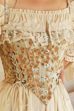 Style Core Aesthetics, New Style Trends - Cottagecore Floral Lace Up Corset Top