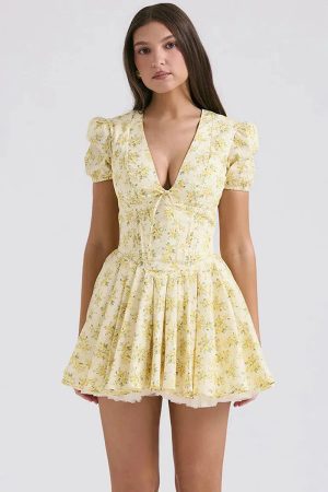 Style Core Aesthetics, New Style Trends - Cottagecore Floral Plunge Neck Mini Dress