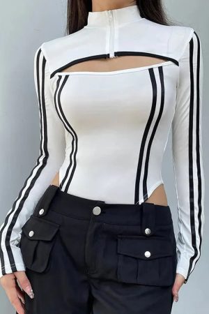 Style Core Aesthetics, New Style Trends - Cyberpunk Striped Cut Out Bodysuit