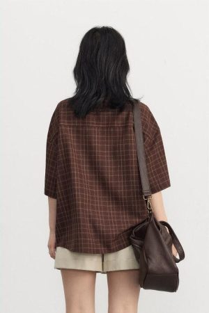 Style Core Aesthetics, New Style Trends - Dark Academia V-Neck Plaid Shirt
