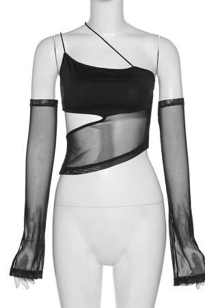 Style Core Aesthetics, New Style Trends - Detachable Sleeved Mesh Halter Top