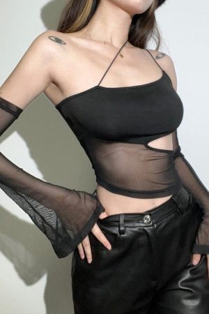 Style Core Aesthetics, New Style Trends - Detachable Sleeved Mesh Halter Top