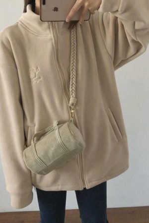 Style Core Aesthetics, New Style Trends - Embroidery Zip Up Fleece Jacket