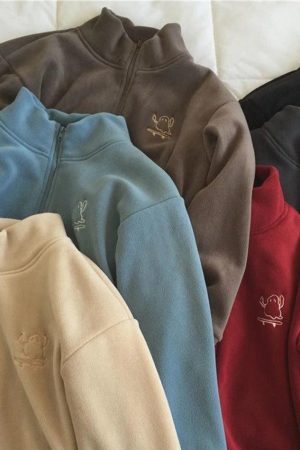 Style Core Aesthetics, New Style Trends - Embroidery Zip Up Fleece Jacket