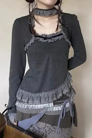 Style Core Aesthetics, New Style Trends - Fairy Grunge Asymmetric Lace Top