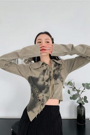 Style Core Aesthetics, New Style Trends - Fairy Grunge Lace Up Asymmetric Cardigan