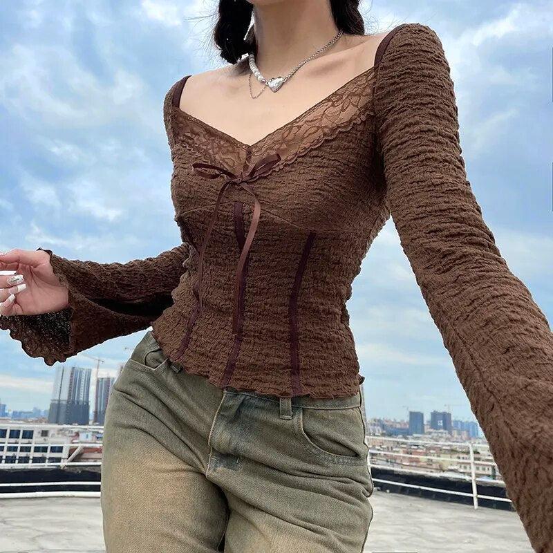 Style Core Aesthetics, New Style Trends - Fairycore Lace Detailed Shirred Top
