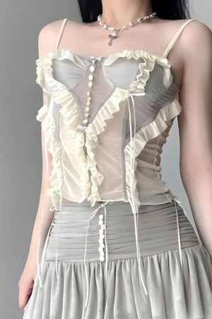 Style Core Aesthetics, New Style Trends - Fairycore Ruffled Mesh Corset Top