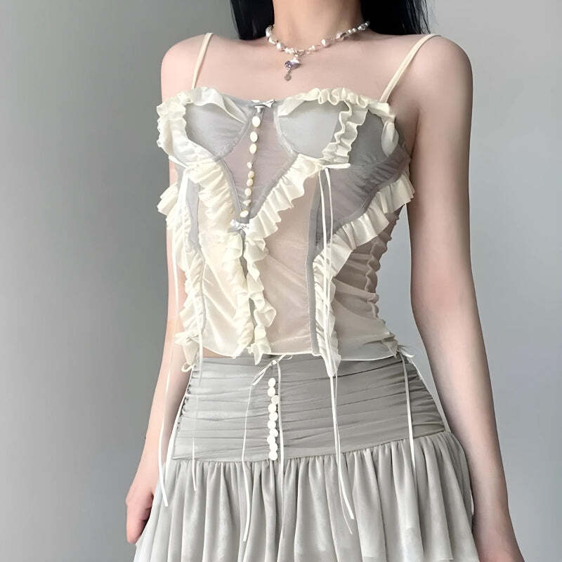 Style Core Aesthetics, New Style Trends - Fairycore Ruffled Mesh Corset Top