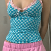 Style Core Aesthetics, New Style Trends - Floral Lace Trim Checkered Cropped Tank Top