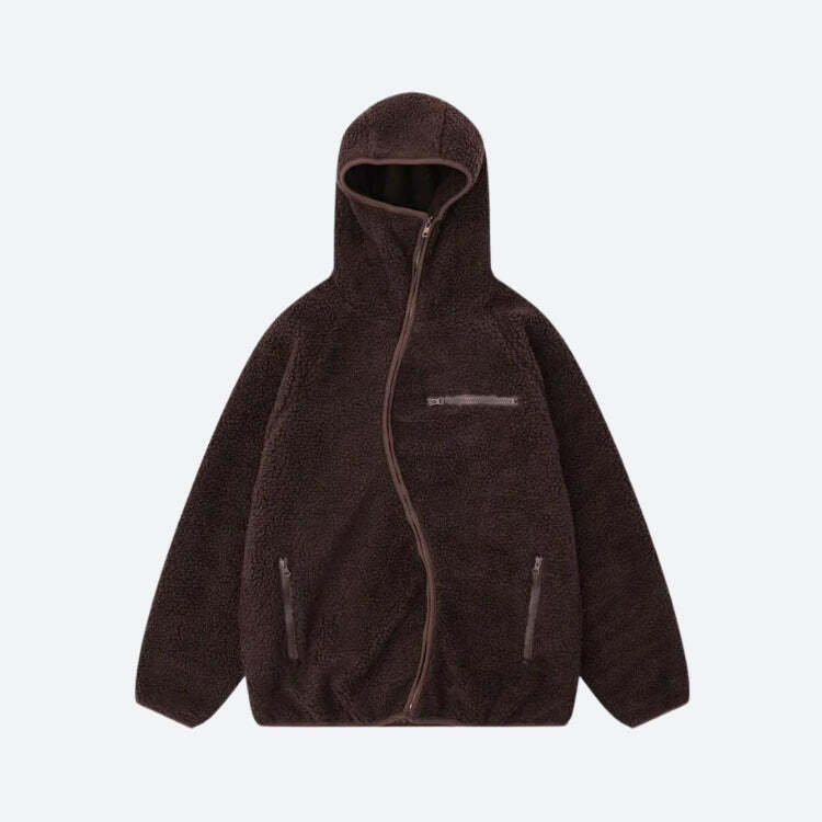 Style Core Aesthetics, New Style Trends - Funnel Neck Zip-Up Teddy Hoodie