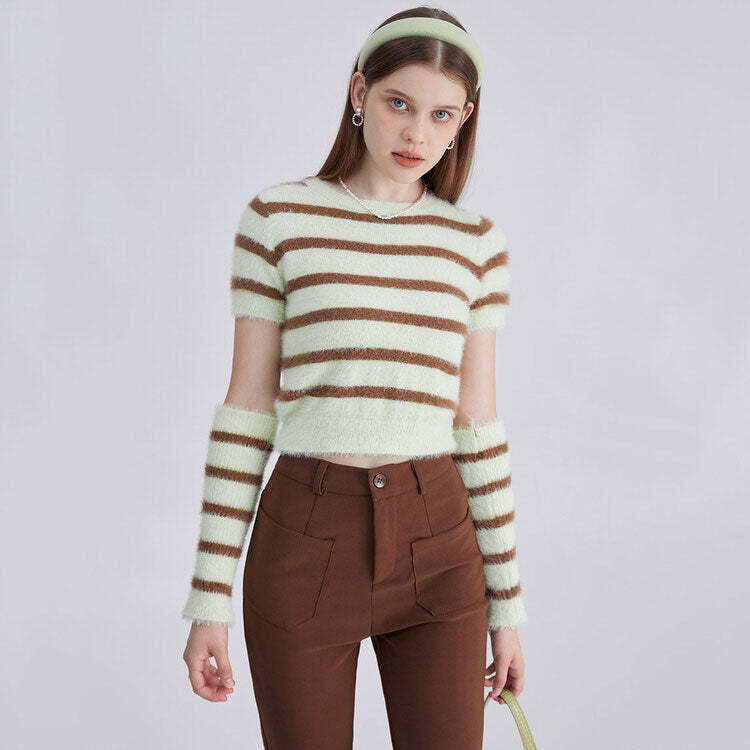 Style Core Aesthetics, New Style Trends - Fuzzy Striped Top + Gloves Set