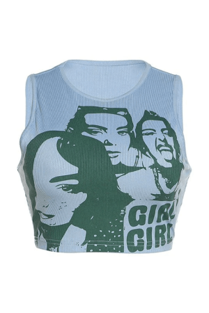 Style Core Aesthetics, New Style Trends - Girl Print Rib Cropped Tank Top