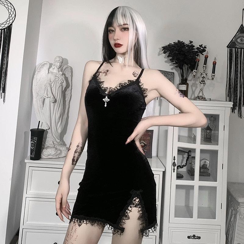 Style Core Aesthetics, New Style Trends - Goth Cross Detail Mini Dress