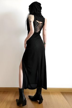 Style Core Aesthetics, New Style Trends - Goth Hooded Cut Out Back Midi Dress