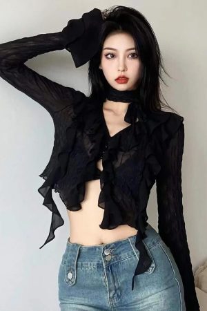 Style Core Aesthetics, New Style Trends - Goth Sheer Ruffled Crop Top
