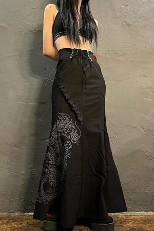 Style Core Aesthetics, New Style Trends - Gothic Dragon Printed Midi Skirt
