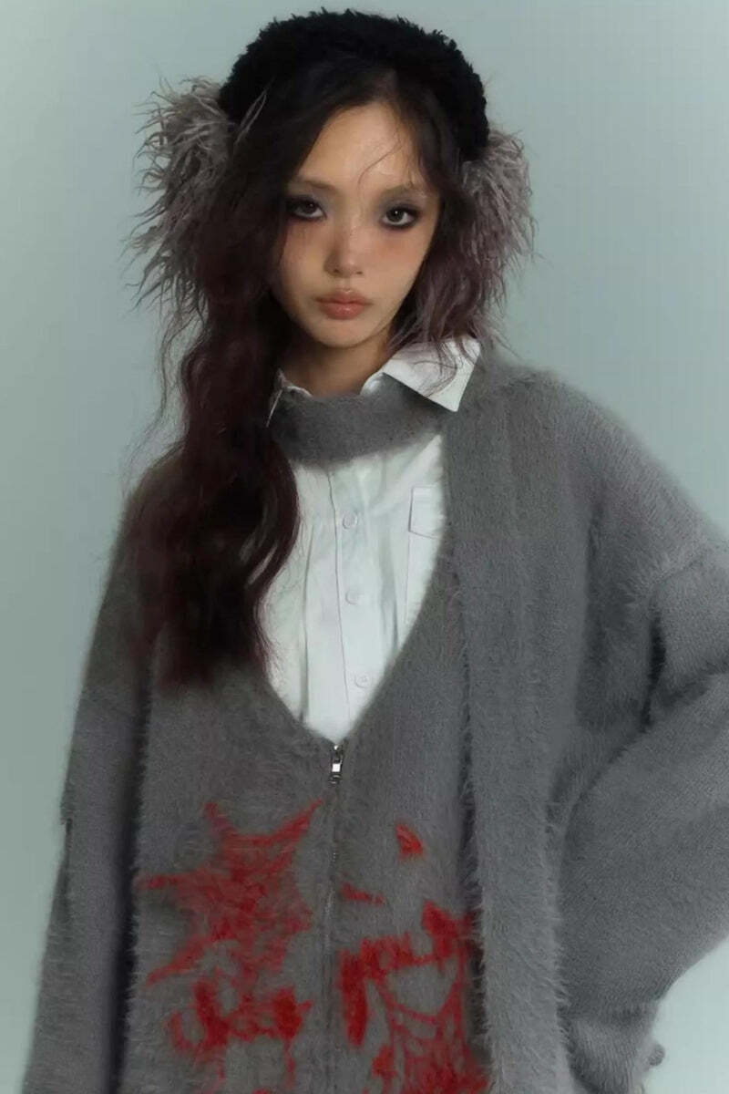 Style Core Aesthetics, New Style Trends - Grunge Scarf Tie Fluffy Cardigan