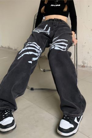 Style Core Aesthetics, New Style Trends - Grunge Skeleton Hand Printed Jeans