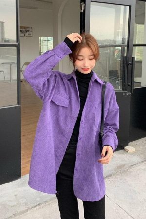 Style Core Aesthetics, New Style Trends - Indie Purple Corduroy Casual Shirt