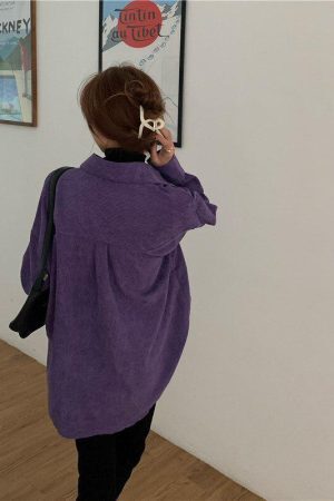 Style Core Aesthetics, New Style Trends - Indie Purple Corduroy Casual Shirt