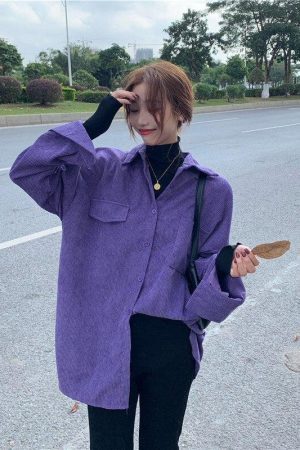 Style Core Aesthetics, New Style Trends - Indie Purple Corduroy Casual Shirt