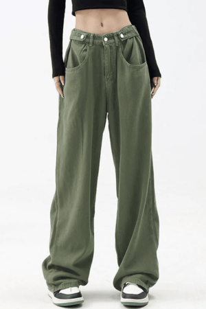 Style Core Aesthetics, New Style Trends - Jean boyfriend baggy vert boutonné