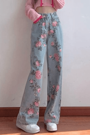Style Core Aesthetics, New Style Trends - Jean boyfriend fleuri à taille haute