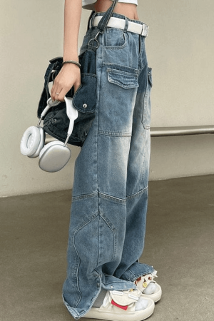Style Core Aesthetics, New Style Trends - Jean cargo bleu fendu à boutons