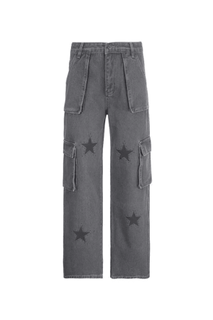 Style Core Aesthetics, New Style Trends - Jean cargo coupe boyfriend à imprimé étoiles vintage