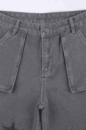 Style Core Aesthetics, New Style Trends - Jean cargo coupe boyfriend à imprimé étoiles vintage
