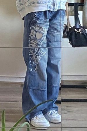 Style Core Aesthetics, New Style Trends - Jean imprimé cœur délavé vintage