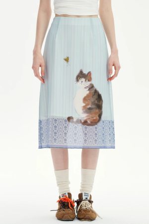 Style Core Aesthetics, New Style Trends - Jupe mi-longue Chat Style Soft Girl