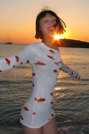 Style Core Aesthetics, New Style Trends - Koi Fish Printed Mesh Mini Dress